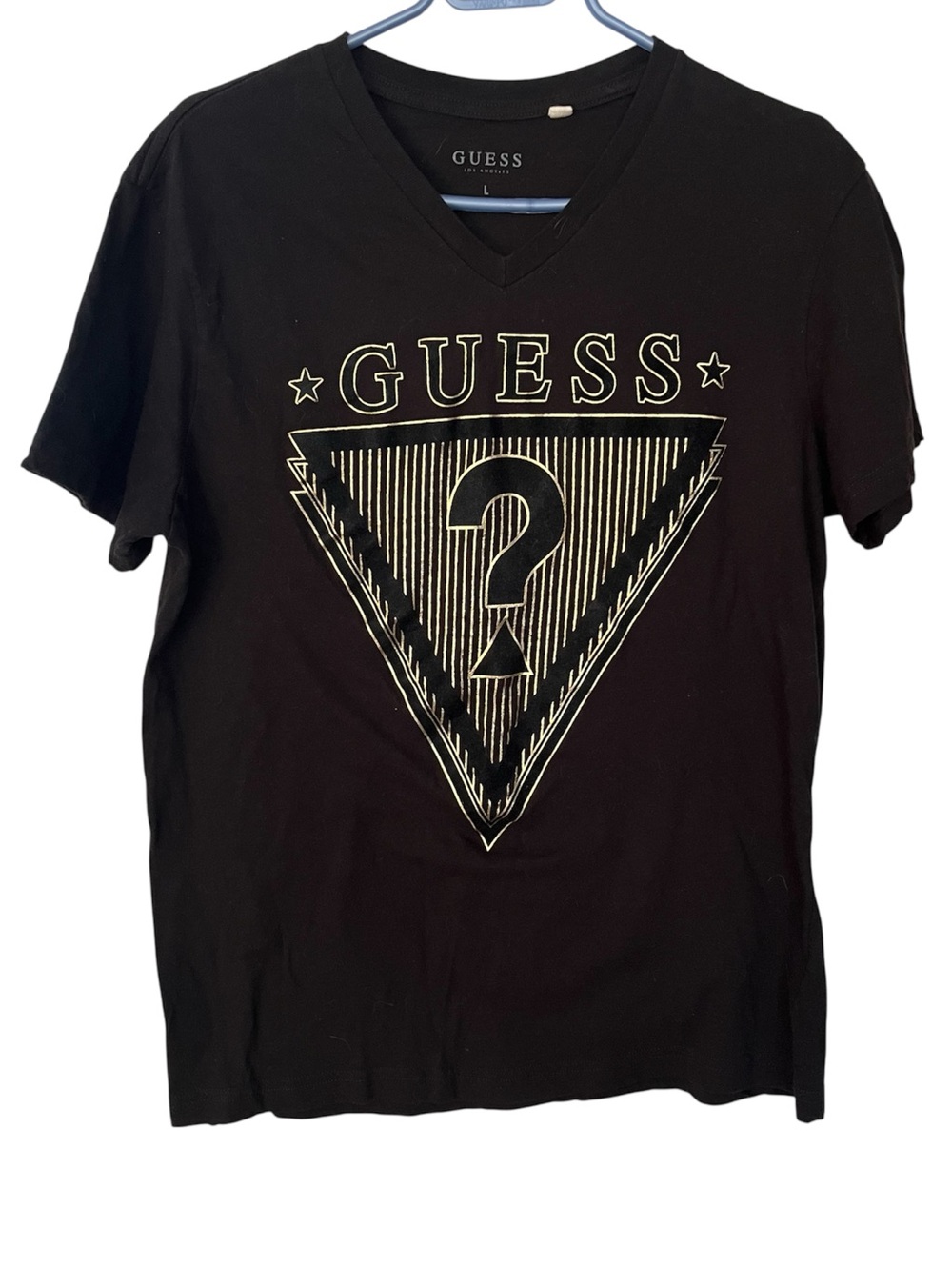 GUESS Black V-Neck Tee with Gold Logo
